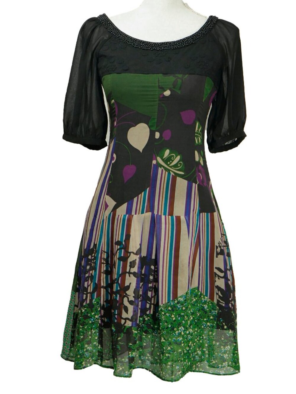 KENZO Dress Silk Black Green Midi with Half Sleeve Mixed pattern Beaded Neckline